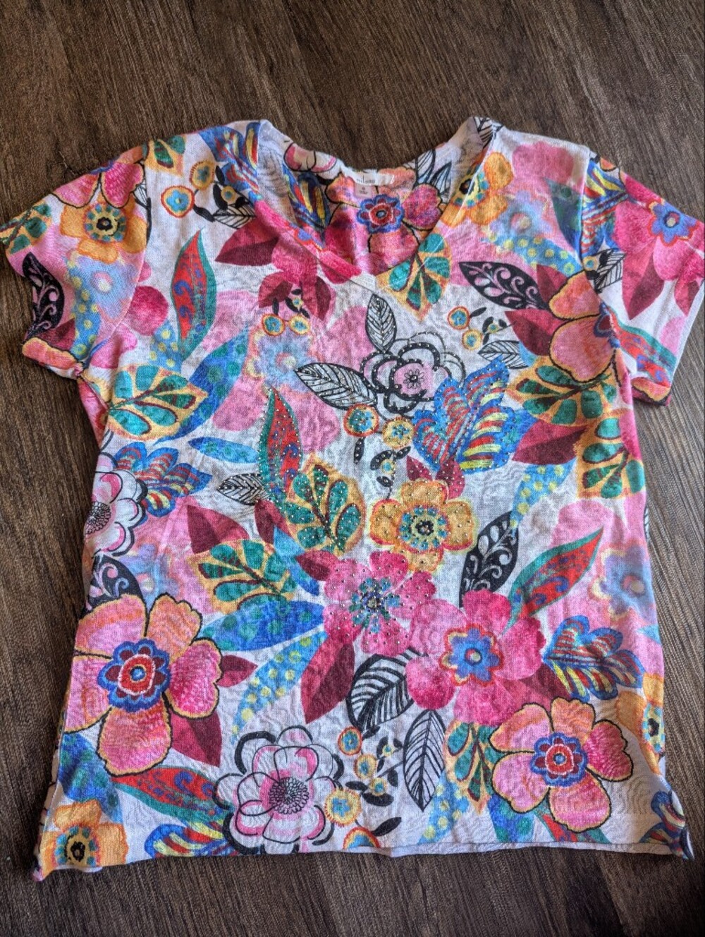 Milano Women's Pink Multicolor Floral Short Sleeve Top Rhinestone Bedazzled